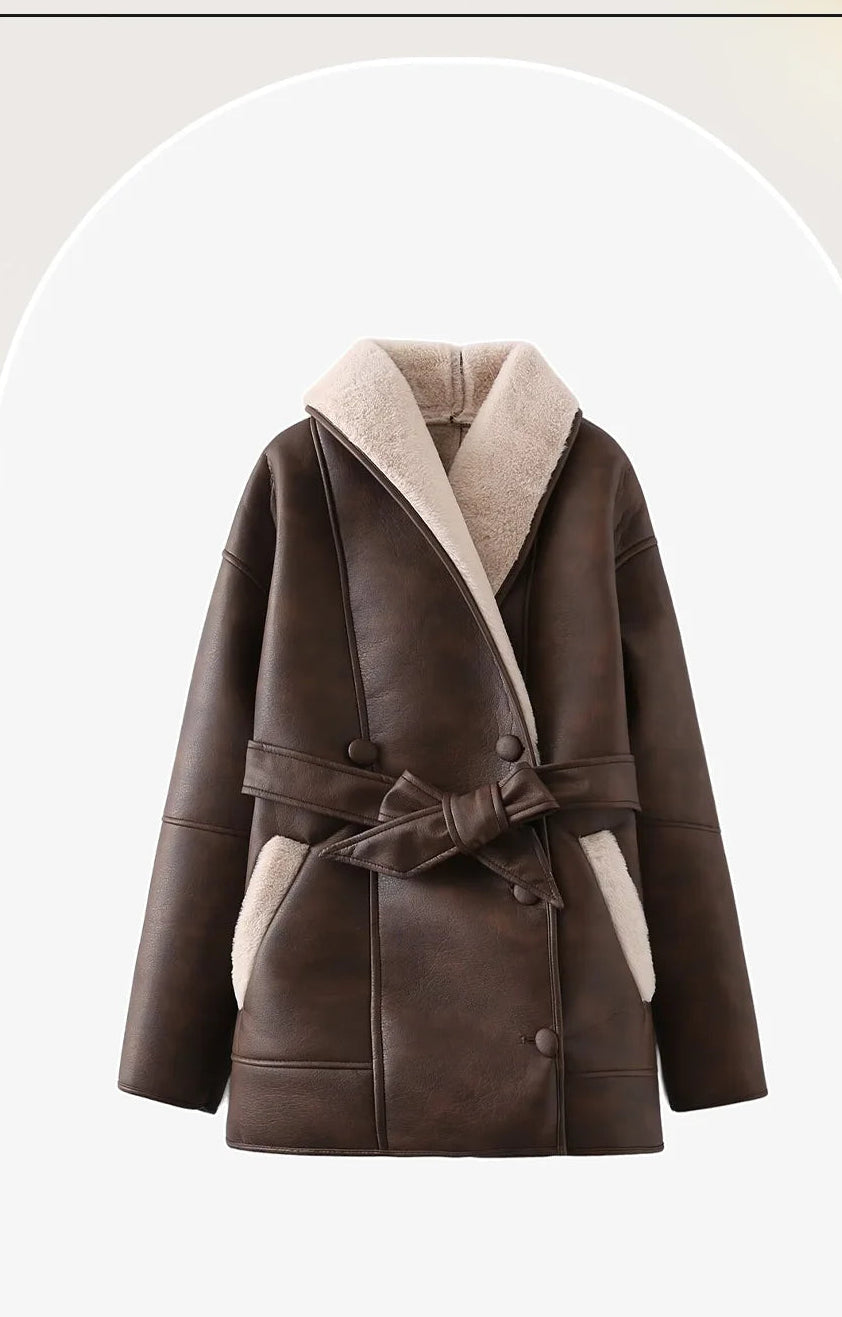 Winter Shearling Belted Coat – Luxury Warm Faux Leather Jacket